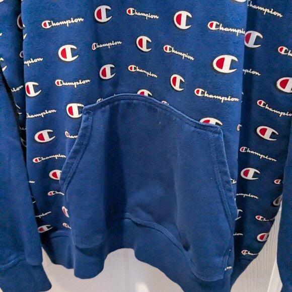 Champion Men's Reverse Weave Hoodie Sweatshirt, XL, Blue, All Over Logo Print - Picture 2 of 13